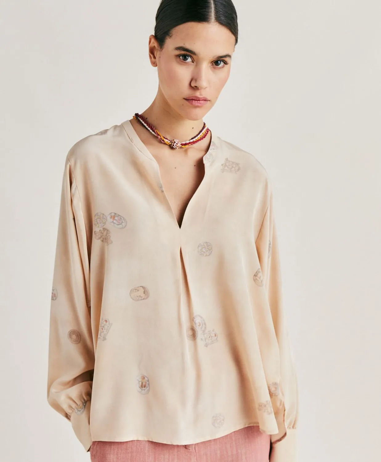 Donne Momonì Bluse E Camicie-Blusa Alisha In Crepe De Chine - Beige Multicolor