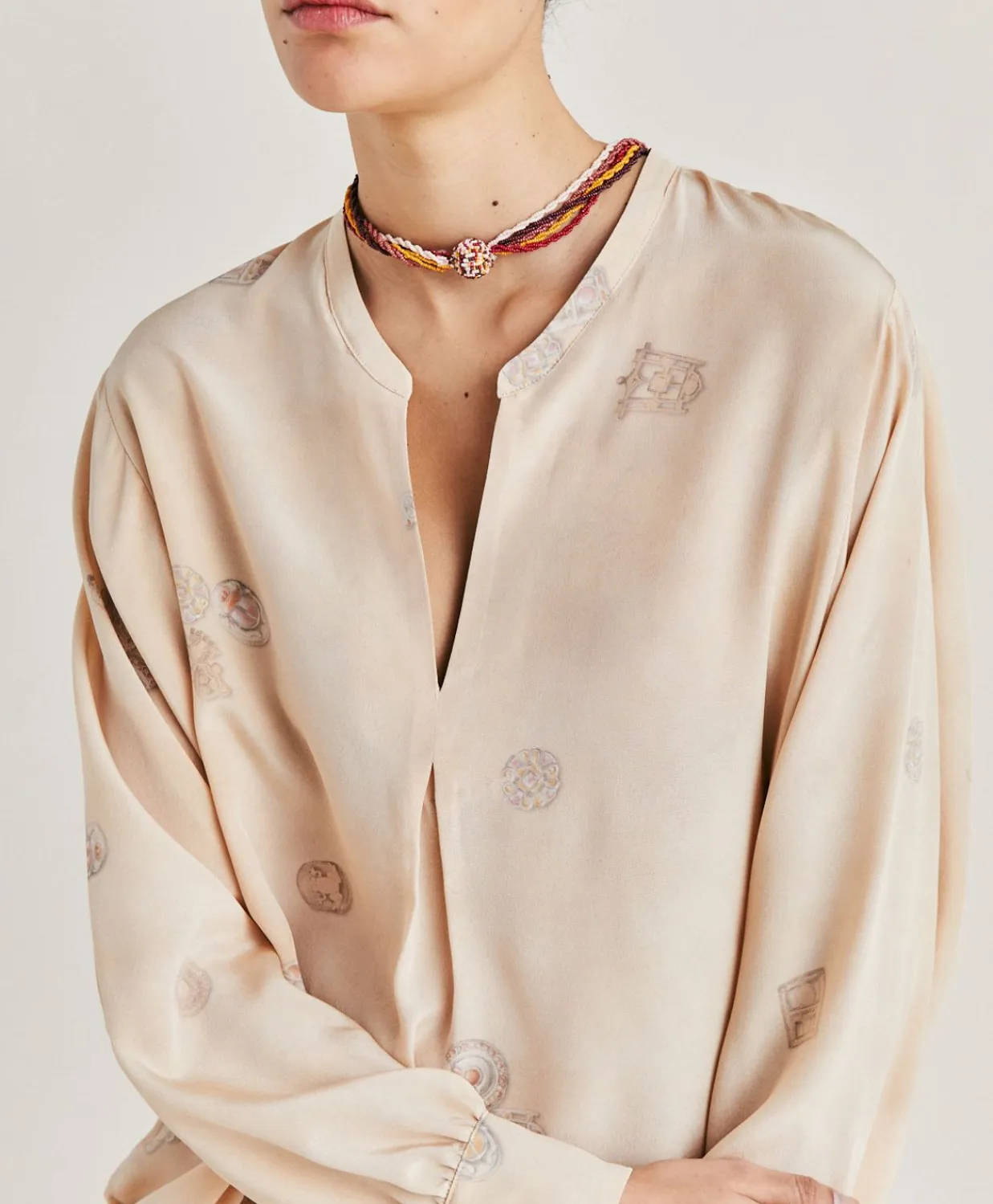Donne Momonì Bluse E Camicie-Blusa Alisha In Crepe De Chine - Beige Multicolor