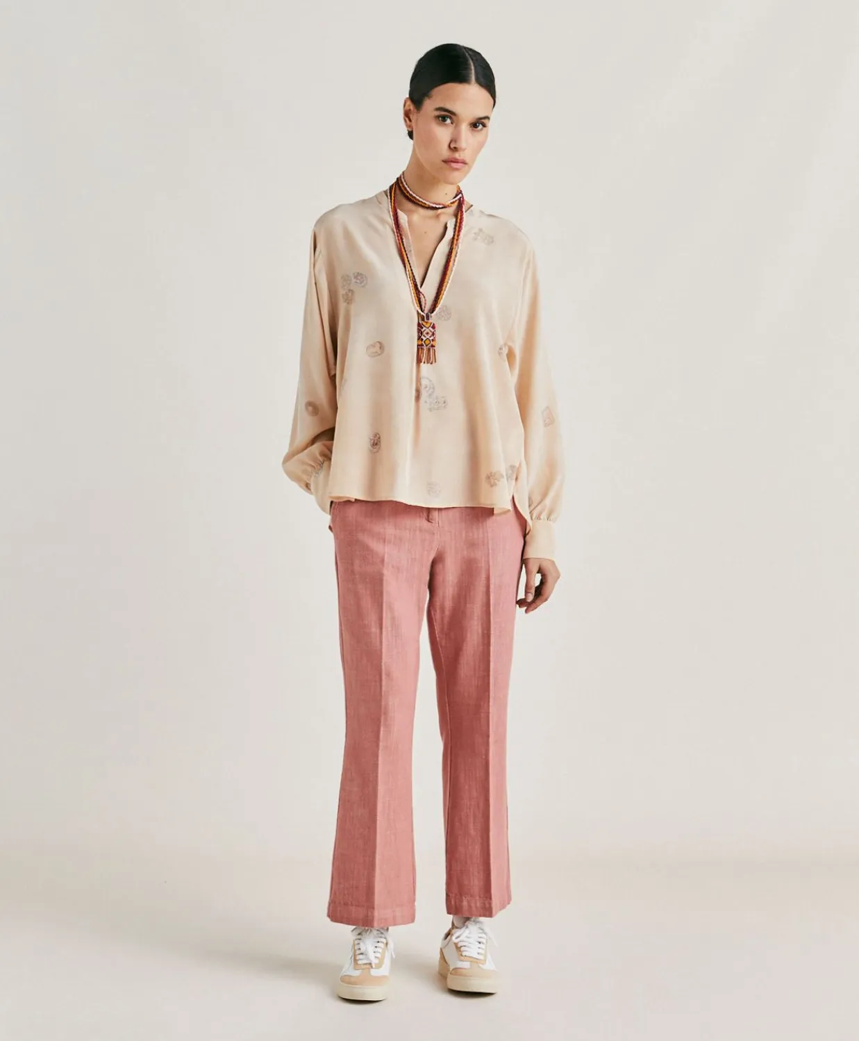 Donne Momonì Bluse E Camicie-Blusa Alisha In Crepe De Chine - Beige Multicolor