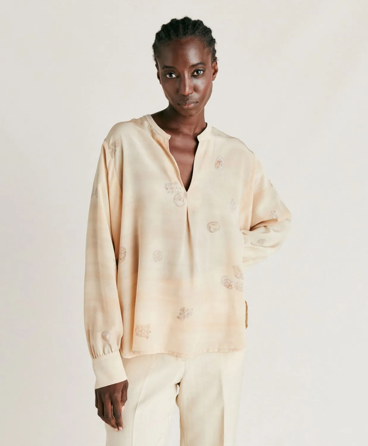 Donne Momonì Bluse E Camicie-Blusa Alisha In Crepe De Chine - Beige Multicolor
