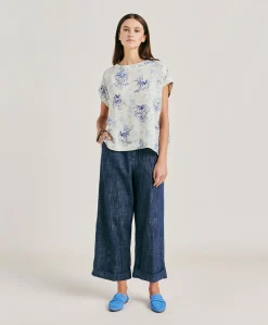 Donne Momonì Bluse E Camicie-Blusa Curacao In Crepe De Chine - Panna/Azzurro