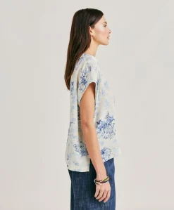 Donne Momonì Bluse E Camicie-Blusa Curacao In Crepe De Chine - Panna/Azzurro