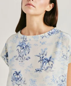 Donne Momonì Bluse E Camicie-Blusa Curacao In Crepe De Chine - Panna/Azzurro