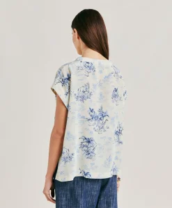 Donne Momonì Bluse E Camicie-Blusa Curacao In Crepe De Chine - Panna/Azzurro