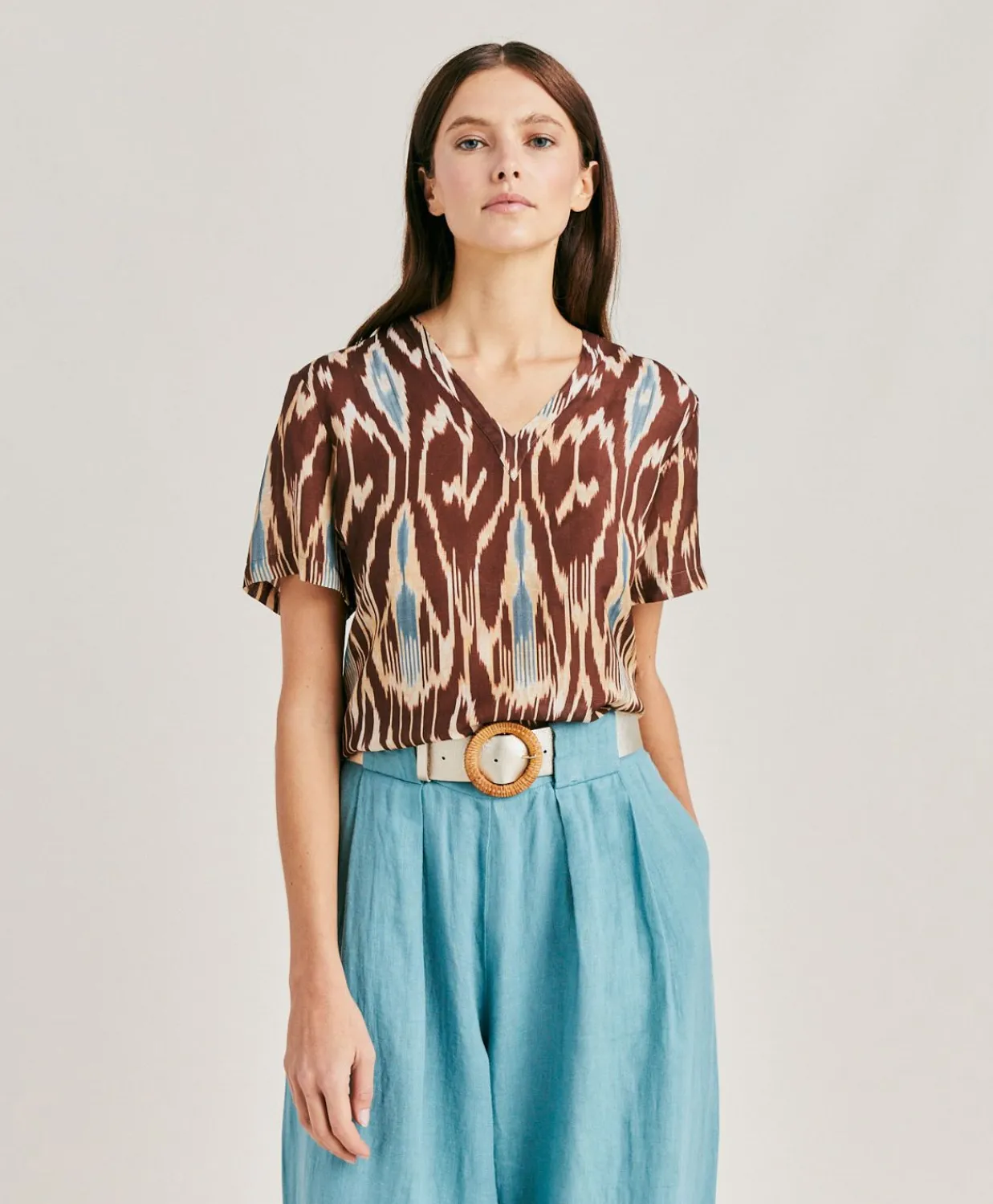 Donne Momonì Bluse E Camicie-Blusa Osmanto In Viscosa Lino Stampato - Cacao Multicolor