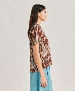 Donne Momonì Bluse E Camicie-Blusa Osmanto In Viscosa Lino Stampato - Cacao Multicolor