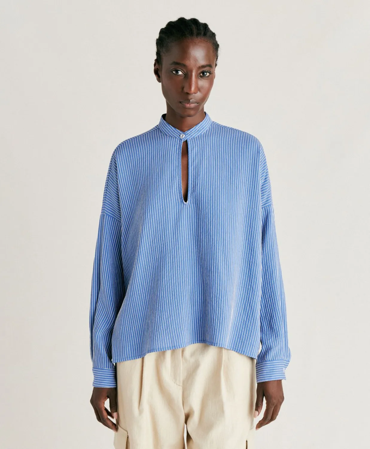 Donne Momonì Bluse E Camicie-Blusa Zoe A Righe In Seta Viscosa - Azzurro/Panna