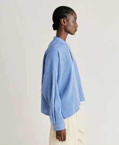 Donne Momonì Bluse E Camicie-Blusa Zoe A Righe In Seta Viscosa - Azzurro/Panna