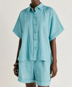 Donne Momonì Bluse E Camicie-Camica Elafonissi In Lino - Ceruleo
