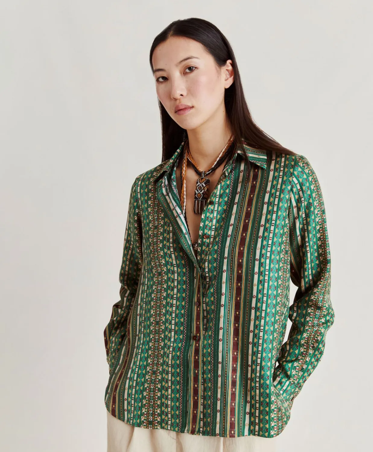 Donne Momonì Bluse E Camicie-Camicia Arles In Twill Di Seta - Verde/Multicolor