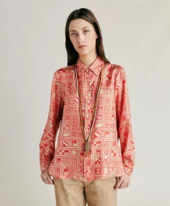 Donne Momonì Completi E Talleur-Camicia Arles In Twill Di Seta - Beige/ Corallo