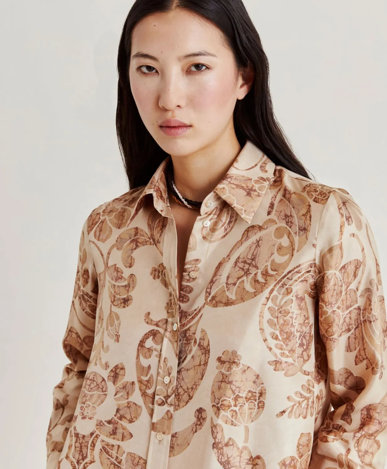Donne Momonì Bluse E Camicie-Camicia Arles In Twill Di Seta - Cipria Multicolor