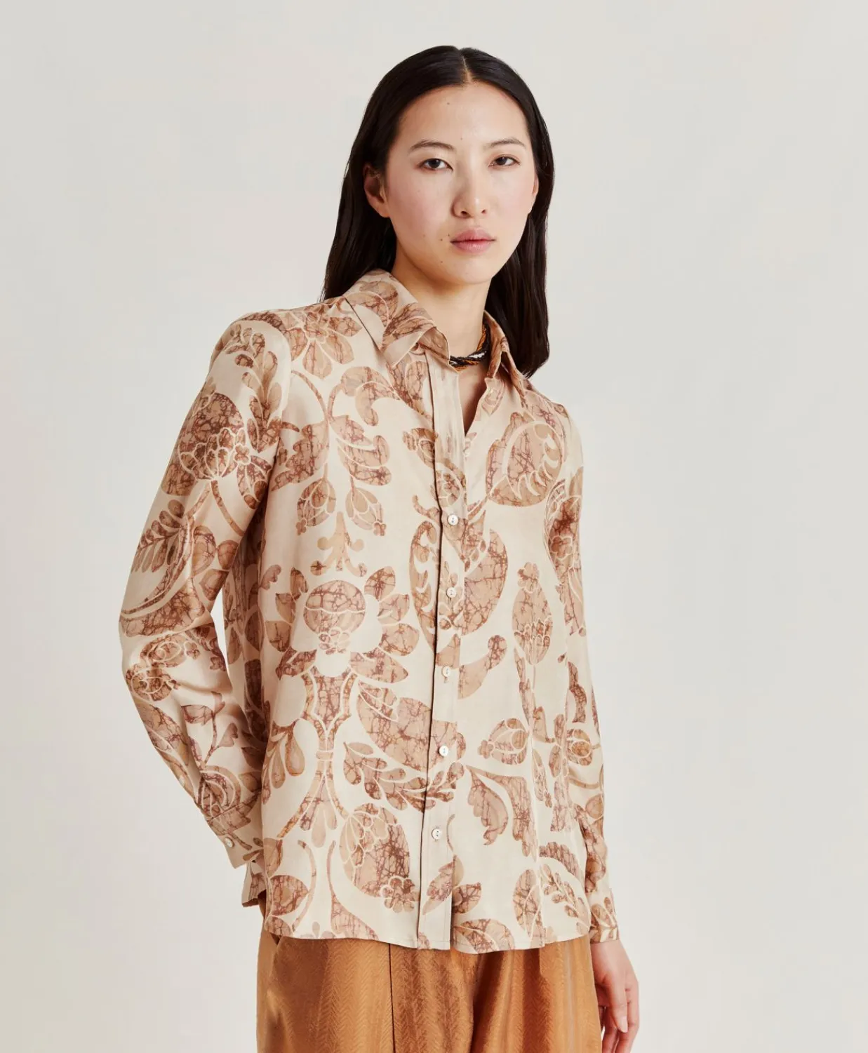 Donne Momonì Bluse E Camicie-Camicia Arles In Twill Di Seta - Cipria Multicolor