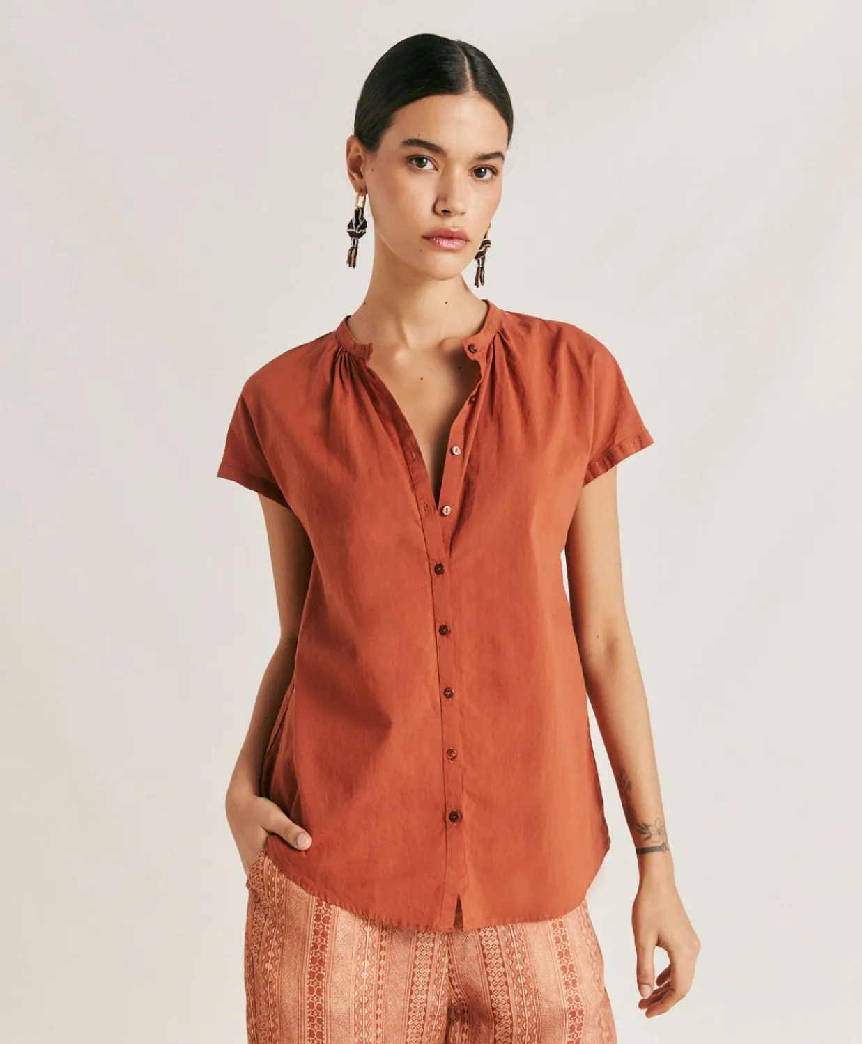 Donne Momonì Bluse E Camicie-Camicia Artora Con Voile Di Cotone - Coccio