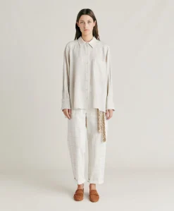 Donne Momonì Completi E Talleur-Camicia Aura A Righe In Seta Viscosa - Panna/ Caramello