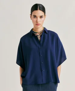 Donne Momonì Bluse E Camicie-Camicia Brooklyn In Acetato Seta - Blu Notte