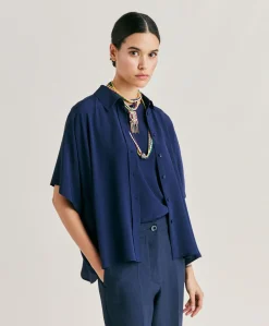 Donne Momonì Bluse E Camicie-Camicia Brooklyn In Acetato Seta - Blu Notte