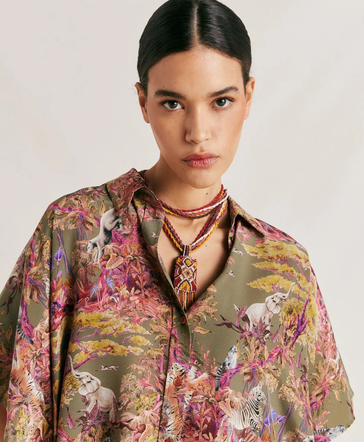 Donne Momonì Bluse E Camicie-Camicia Brooklyn In Crepe De Chine - Oliva Multicolor