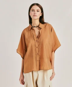 Donne Momonì Bluse E Camicie-Camicia Brooklyn In Cupro Jacquard - Liquirizia