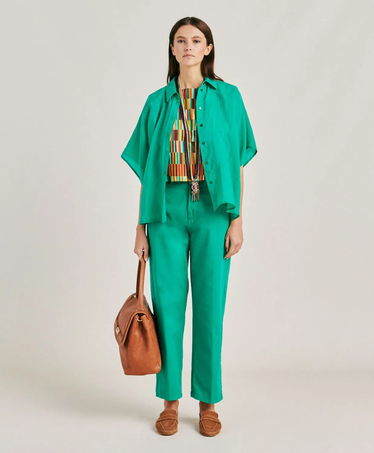 Donne Momonì Bluse E Camicie-Camicia Brooklyn In Cupro Jacquard - Smeraldo