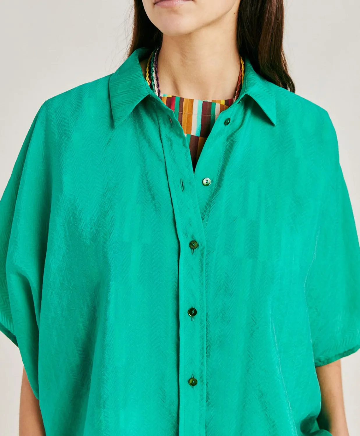 Donne Momonì Bluse E Camicie-Camicia Brooklyn In Cupro Jacquard - Smeraldo