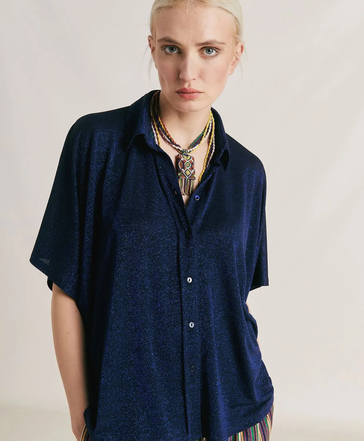 Donne Momonì Bluse E Camicie-Camicia Brooklyn In Jersey Lurex - Bluette