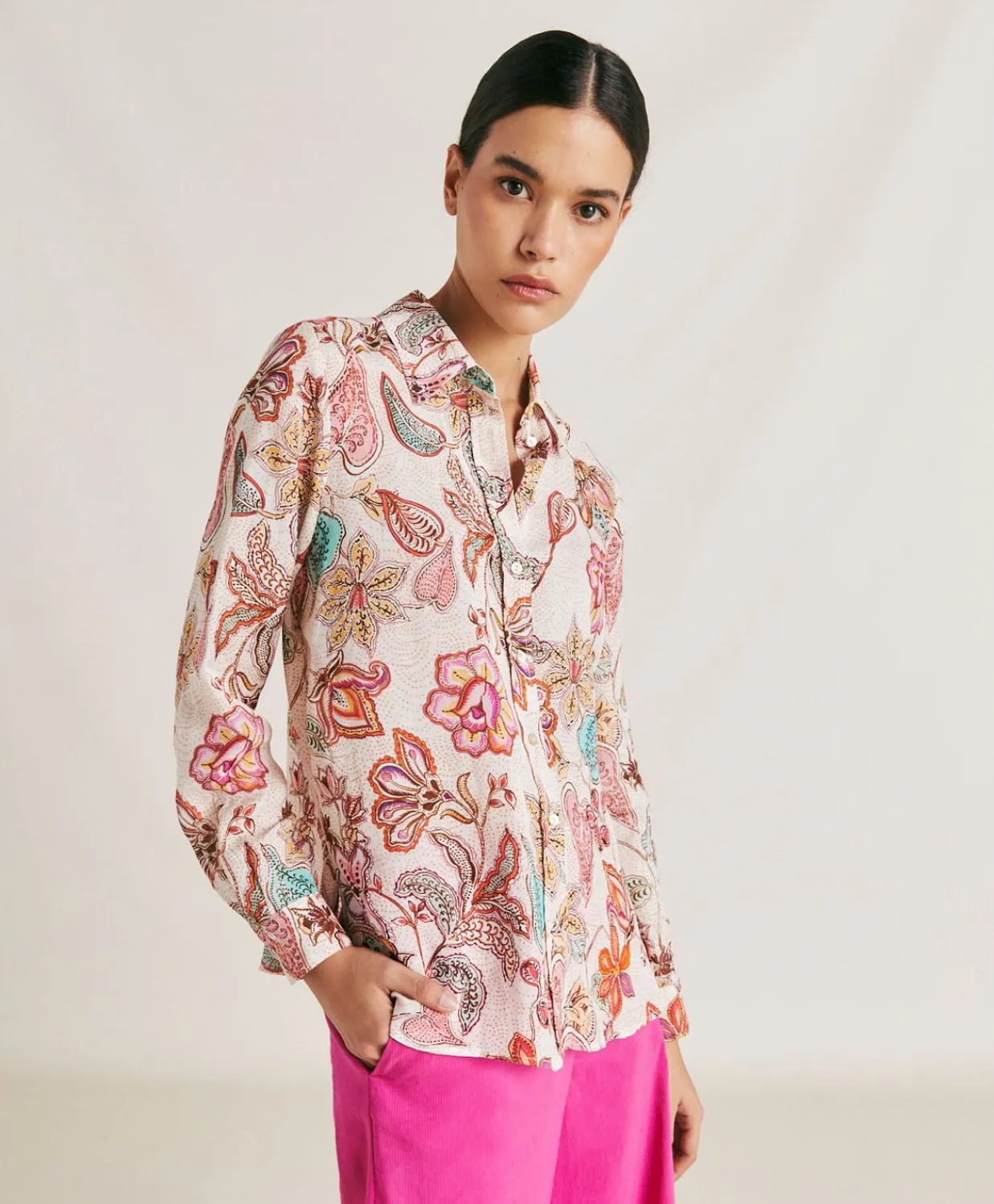 Donne Momonì Bluse E Camicie-Camicia Estreta In Viscosa Lino - Rosa Multicolor