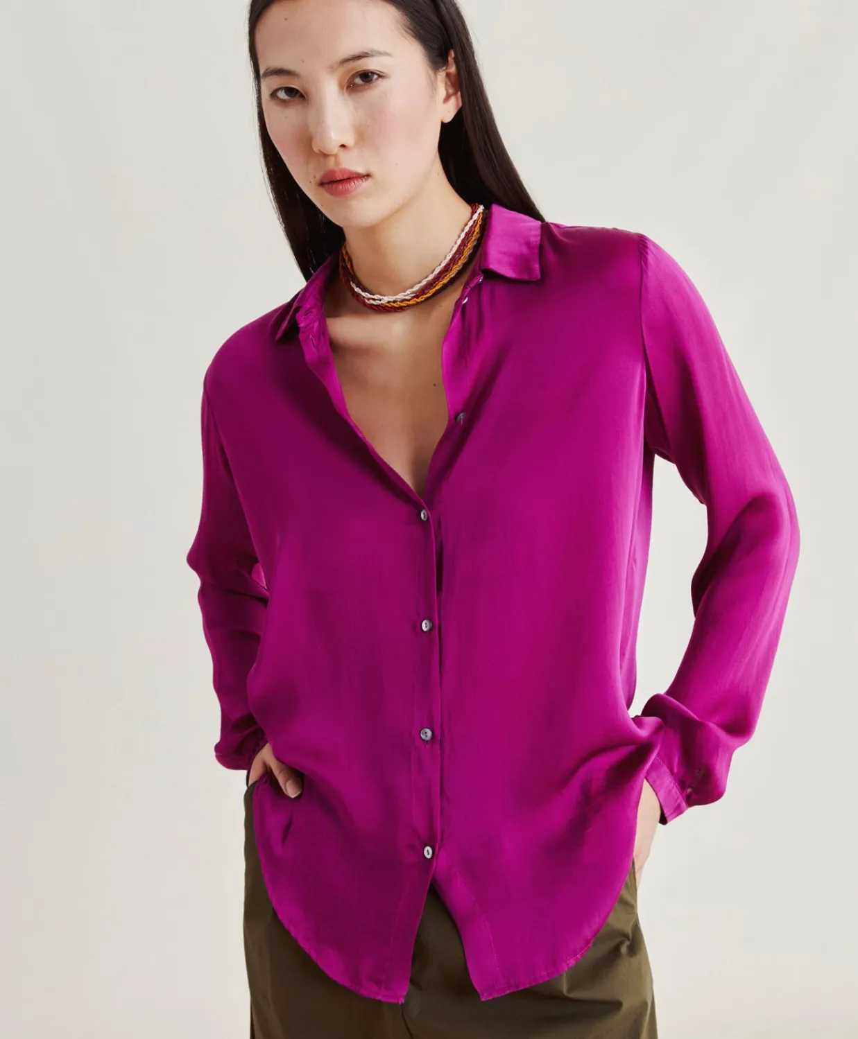 Donne Momonì Bluse E Camicie-Camicia Meudon In Seta Unita - Ciclamino