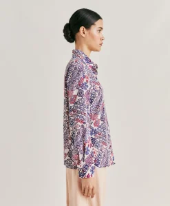 Donne Momonì Bluse E Camicie-Camicia Shirt In Crepe De Chine - Panna/Violaceo