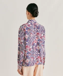 Donne Momonì Bluse E Camicie-Camicia Shirt In Crepe De Chine - Panna/Violaceo
