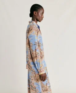Donne Momonì Bluse E Camicie-Camicia Shirt In Crepe De Chine - Ceruleo Multicolor