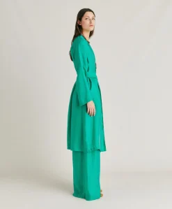 Donne Momonì Trench E Cappotti-Cappotto Serena In Cupro Jacquard - Smeraldo
