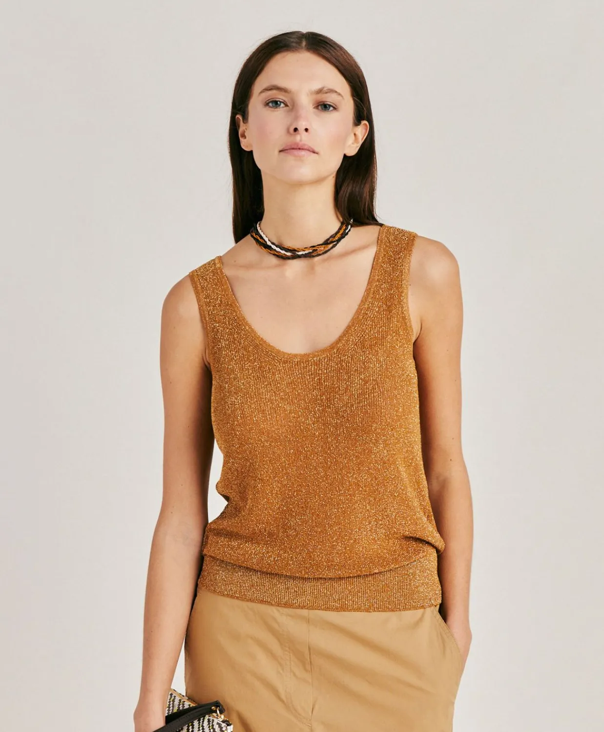 Donne Momonì Maglieria-Maglia Liccia Perlata Lurex - Caramello