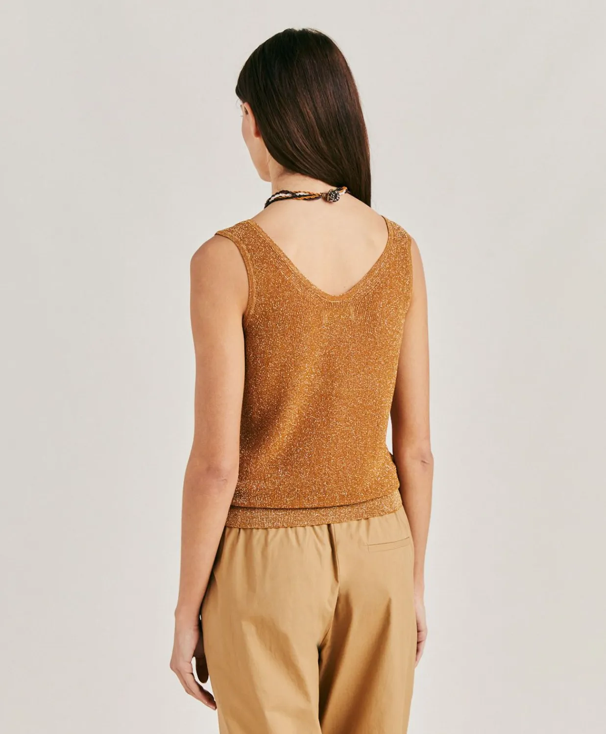 Donne Momonì Maglieria-Maglia Liccia Perlata Lurex - Caramello