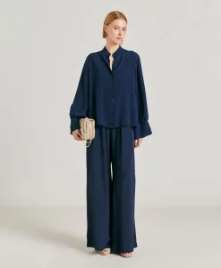 Donne Momonì Pantaloni E Shorts-Pantaloni Aspen In Acetato Seta - Blu Notte