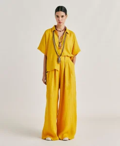 Donne Momonì Pantaloni E Shorts-Pantaloni Aspen In Lino Unito - Giallo Sole
