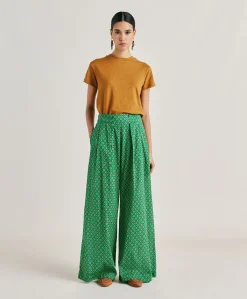 Donne Momonì Pantaloni E Shorts-Pantaloni Aspen In Voile Cotone Stampato - Smeraldo