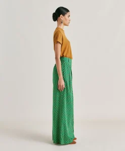 Donne Momonì Pantaloni E Shorts-Pantaloni Aspen In Voile Cotone Stampato - Smeraldo