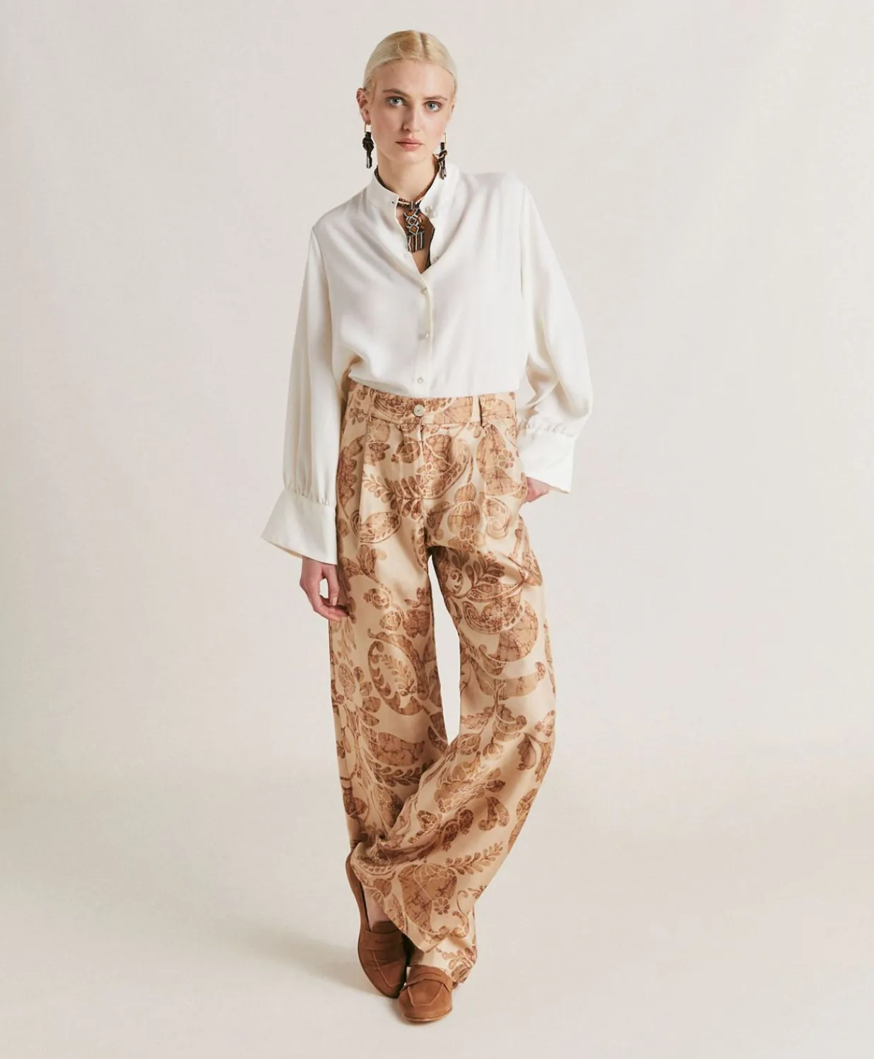 Donne Momonì Pantaloni E Shorts-Pantaloni Austin In Twill Di Seta - Cipria Multicolor