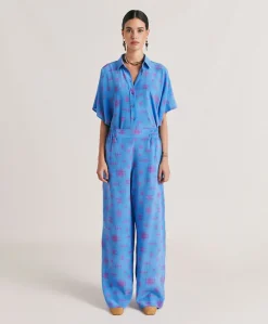 Donne Momonì Pantaloni E Shorts-Pantaloni Baccarat In Crepe De Chine - Bluette/Fucsia