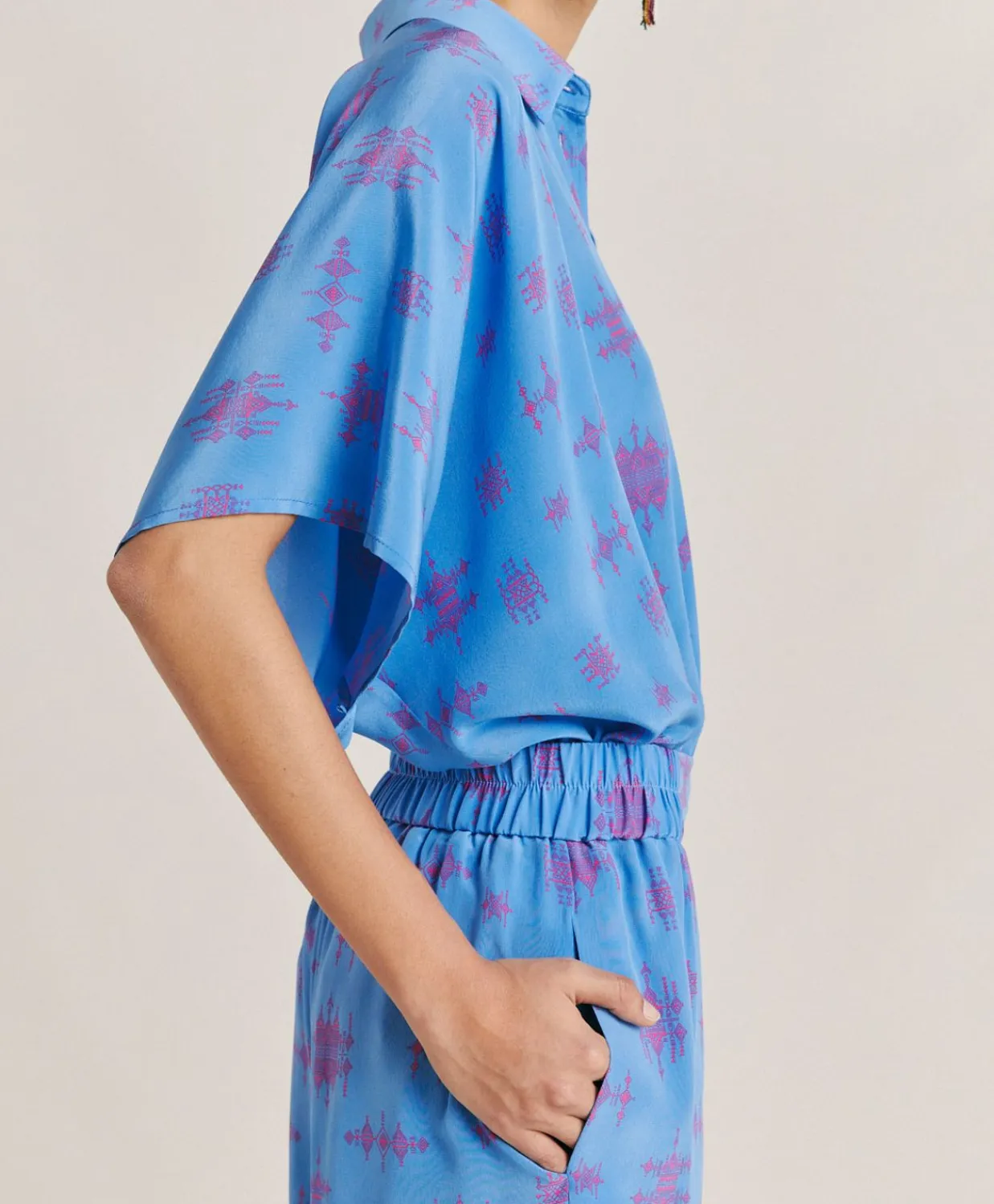 Donne Momonì Pantaloni E Shorts-Pantaloni Baccarat In Crepe De Chine - Bluette/Fucsia