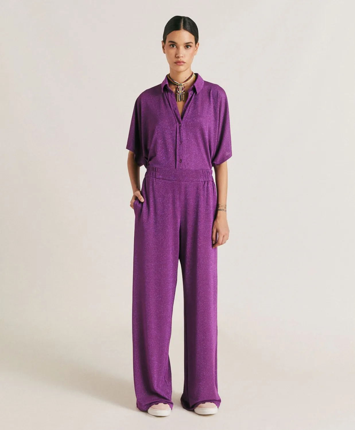 Donne Momonì Pantaloni E Shorts-Pantaloni Baccarat In Jersey Lurex - Ciclamino