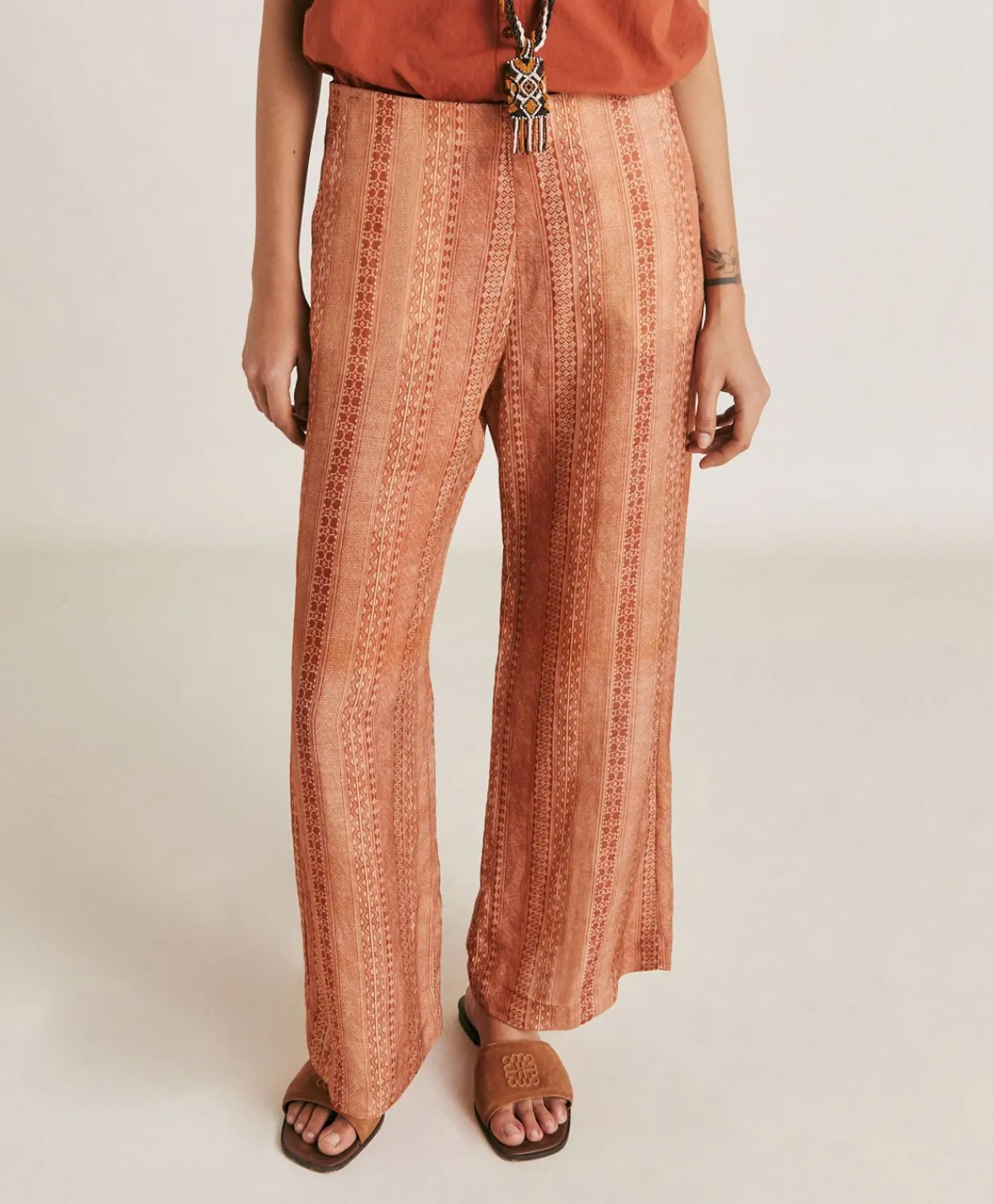 Donne Momonì Pantaloni E Shorts-Pantaloni Ginepro In Viscosa Lino - Panna/Ruggine