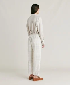Donne Momonì Completi E Talleur-Pantaloni Idaho In Check Seersucker - Panna/Fango