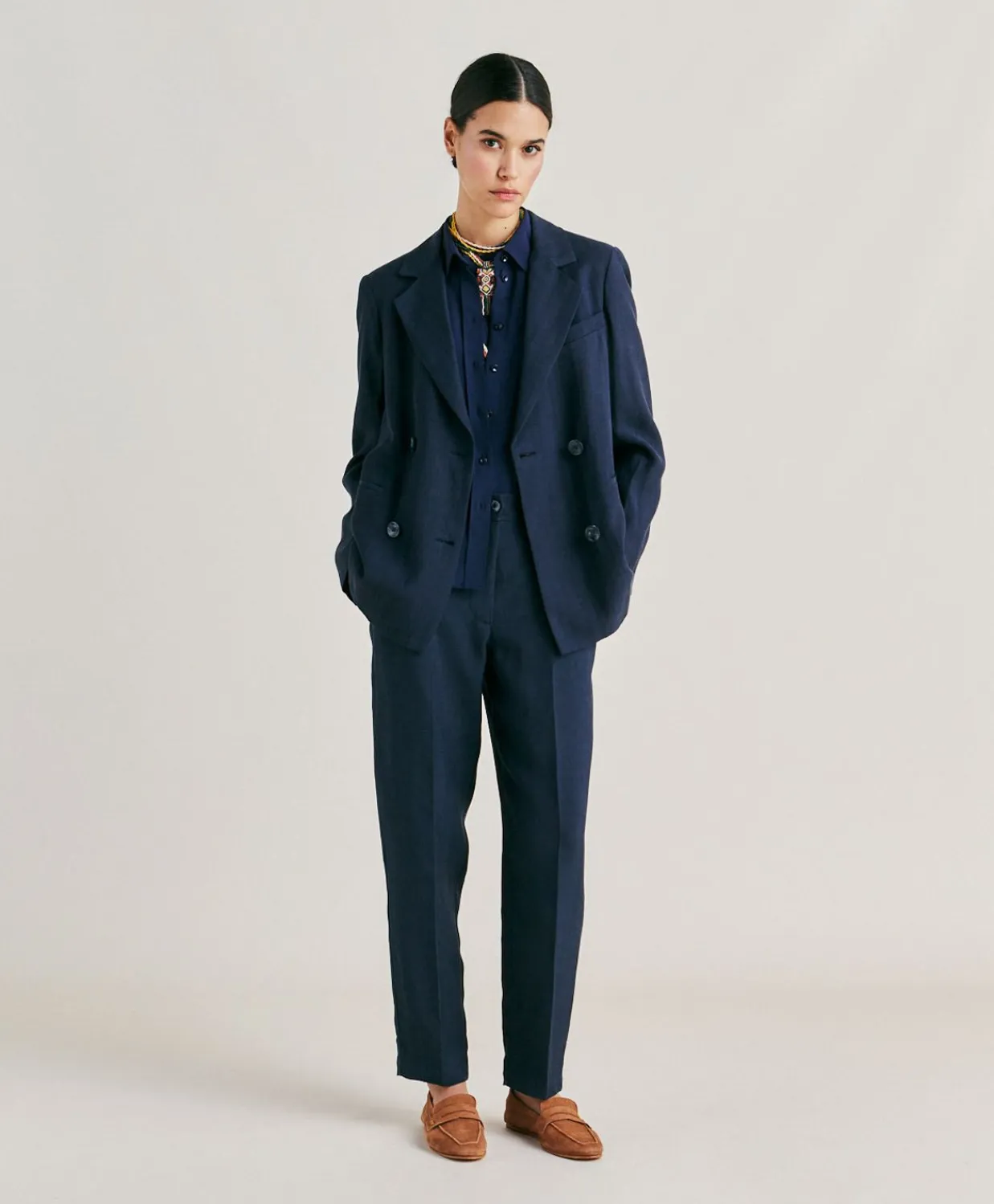 Donne Momonì Pantaloni E Shorts-Pantaloni Matthieu In Viscosa Lino Elegante - Blu Notte