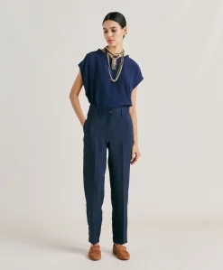 Donne Momonì Pantaloni E Shorts-Pantaloni Matthieu In Viscosa Lino Elegante - Blu Notte