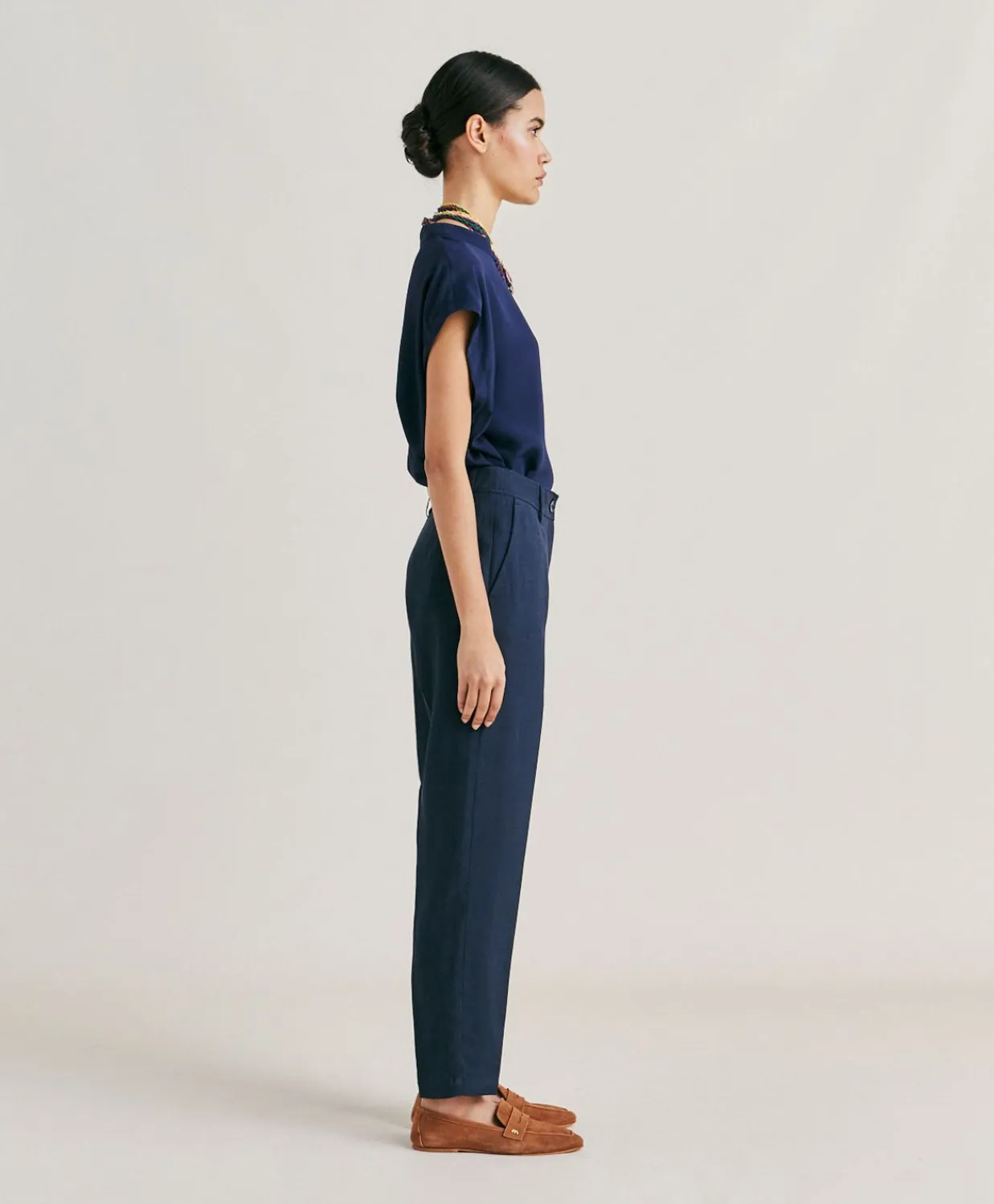 Donne Momonì Pantaloni E Shorts-Pantaloni Matthieu In Viscosa Lino Elegante - Blu Notte