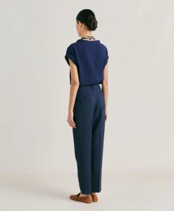 Donne Momonì Pantaloni E Shorts-Pantaloni Matthieu In Viscosa Lino Elegante - Blu Notte