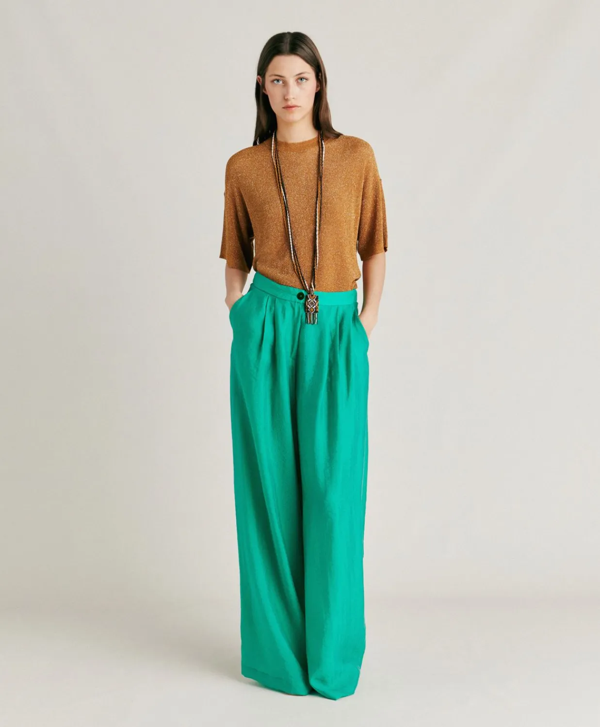 Donne Momonì Pantaloni E Shorts-Pantaloni Patrice In Cupro Jacquard - Smeraldo
