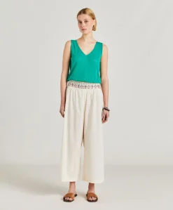 Donne Momonì Pantaloni E Shorts-Pantaloni Roca Con Voile Di Cotone Ricamato - Panna